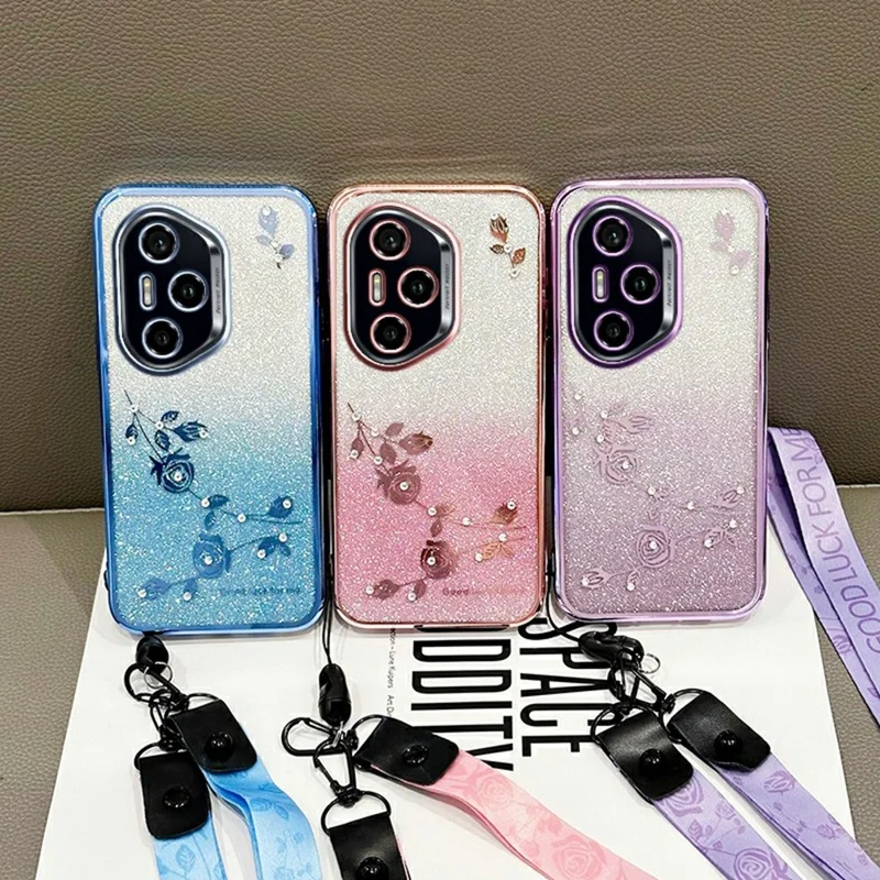 KADEM For Honor 400 Pro 5G (Global) Taske med Blomstermønster TPU Gradienttelefondæksel med Lanyards - Blå