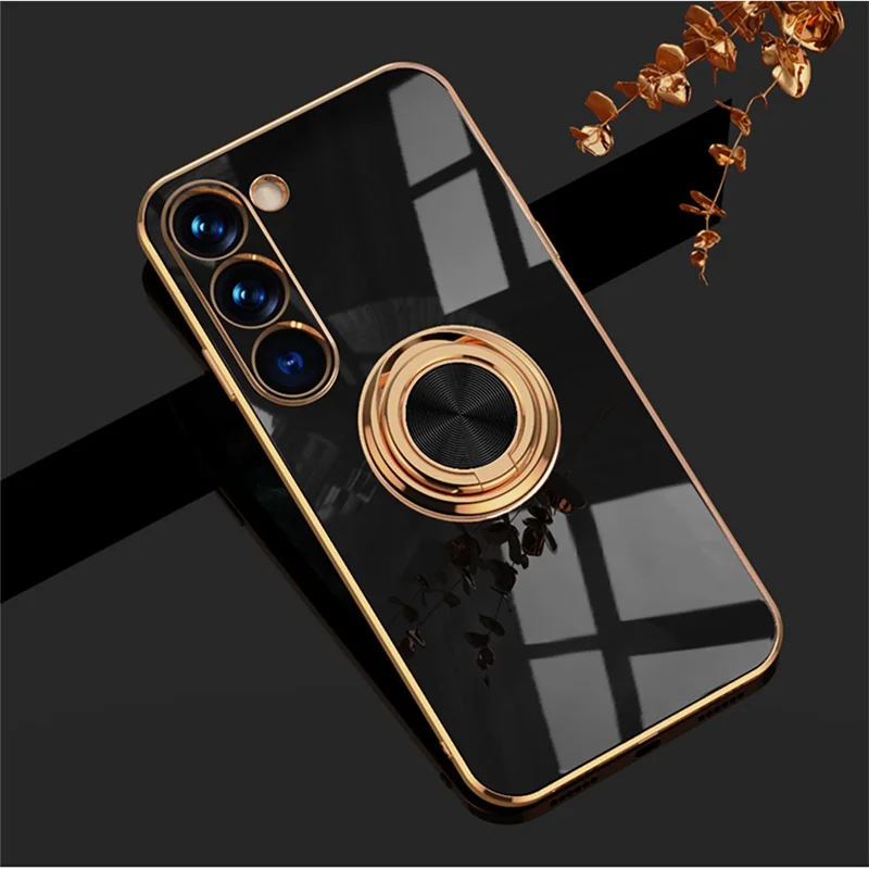 For Samsung Galaxy S23+ Case Precise Cutouts 6D Electroplating TPU Phone Cover with Ring Holder - Black