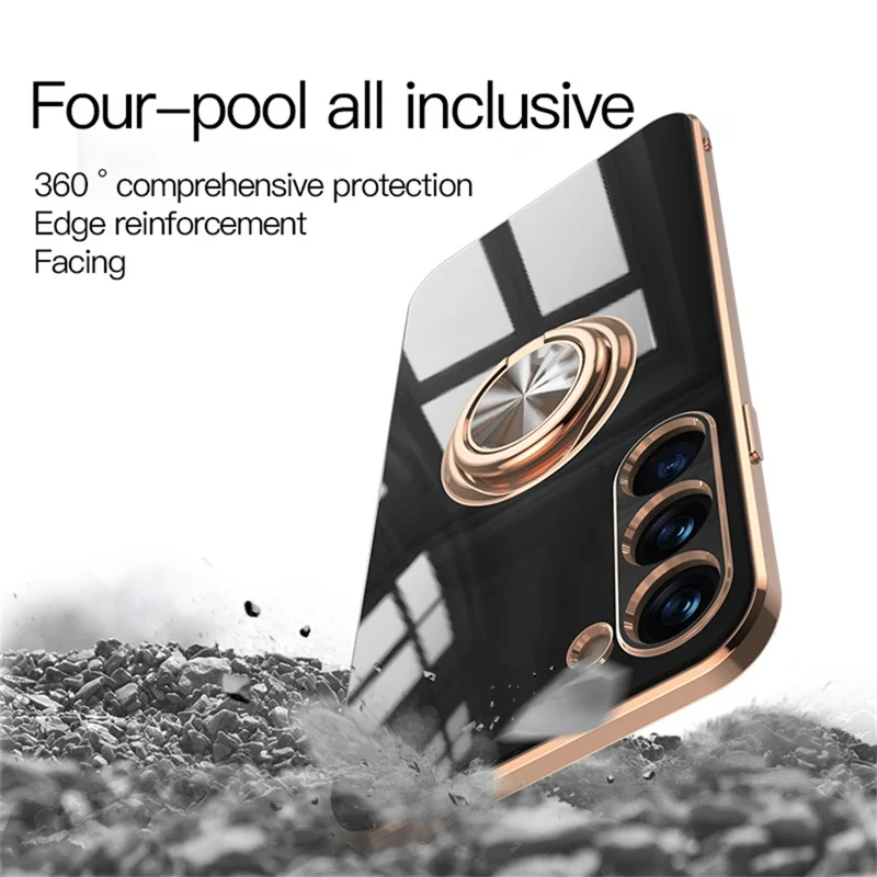 For Samsung Galaxy S23+ Case Precise Cutouts 6D Electroplating TPU Phone Cover with Ring Holder - Black
