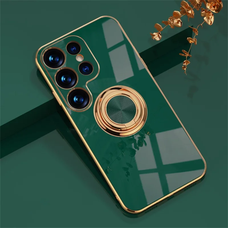 For Samsung Galaxy S23 Ultra Case Precise Cutouts 6D Electroplating TPU Phone Cover with Ring Holder - Midnight Green
