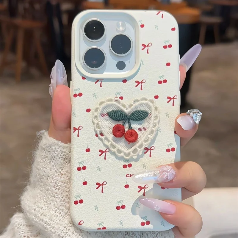For iPhone 16 Pro Max Case Embroidered Cherry Litchi Texture PU Leather + TPU Phone Back Cover