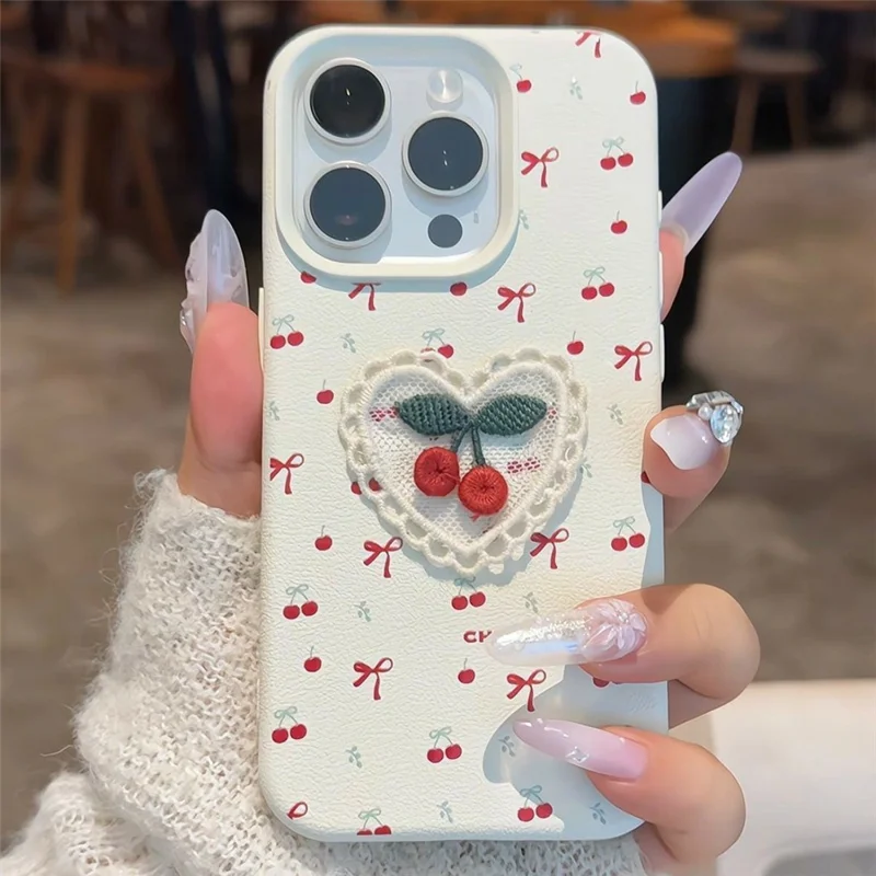 For iPhone 16 Pro Case Embroidered Cherry Litchi Texture PU Leather + TPU Phone Back Cover
