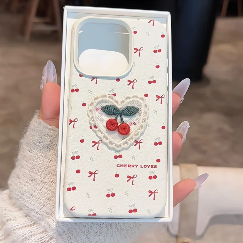 For iPhone 15 Pro Max Case Embroidered Cherry Litchi Texture PU Leather + TPU Phone Back Cover