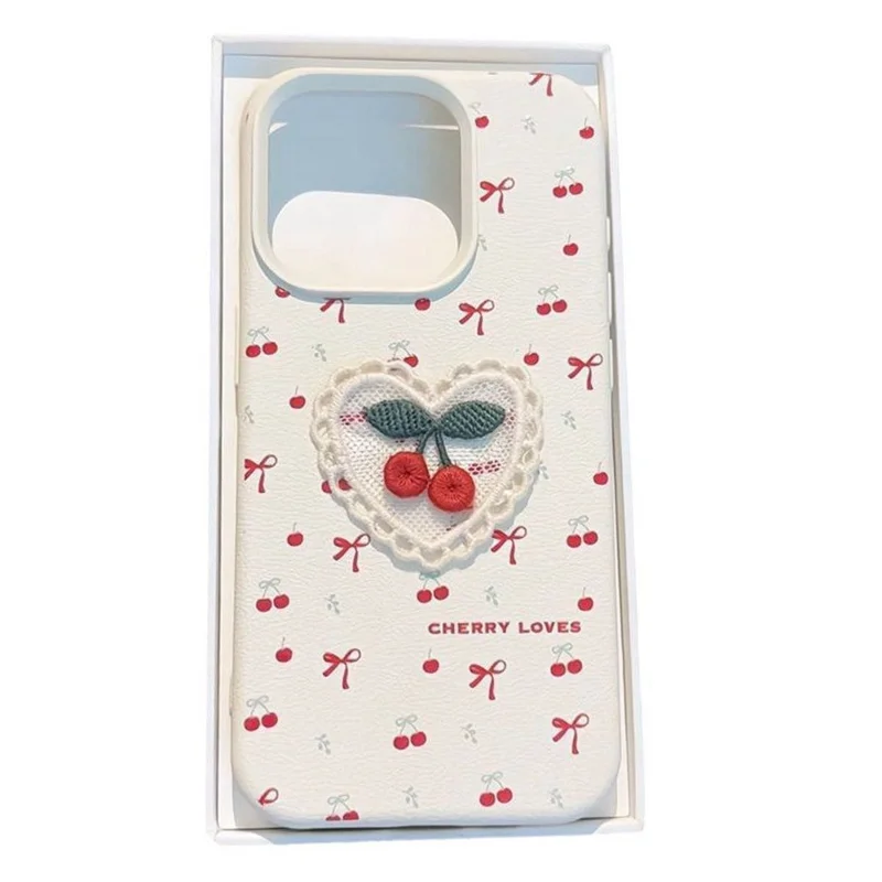 For iPhone 15 Pro Max Case Embroidered Cherry Litchi Texture PU Leather + TPU Phone Back Cover