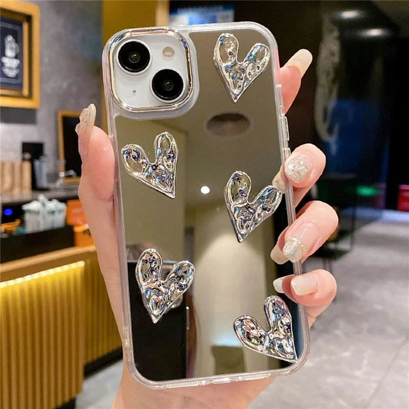 For iPhone 15 Case Mirror Finish 3D Electroplated Love Pattern Hard PC Phone Back Cover