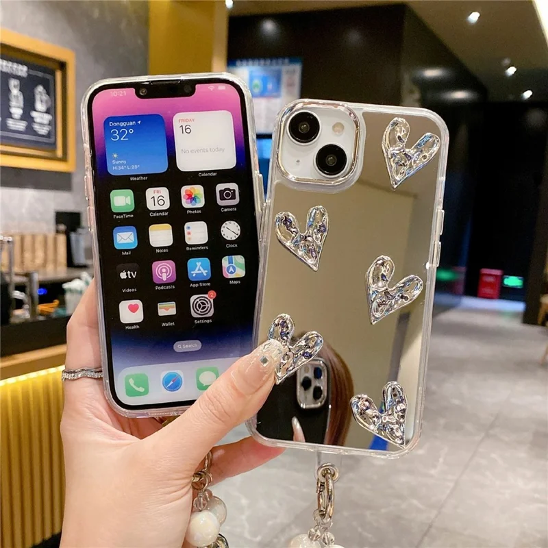 For iPhone 15 Case Mirror Finish 3D Electroplated Love Pattern Hard PC Phone Back Cover