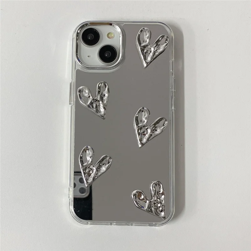 For iPhone 15 Case Mirror Finish 3D Electroplated Love Pattern Hard PC Phone Back Cover