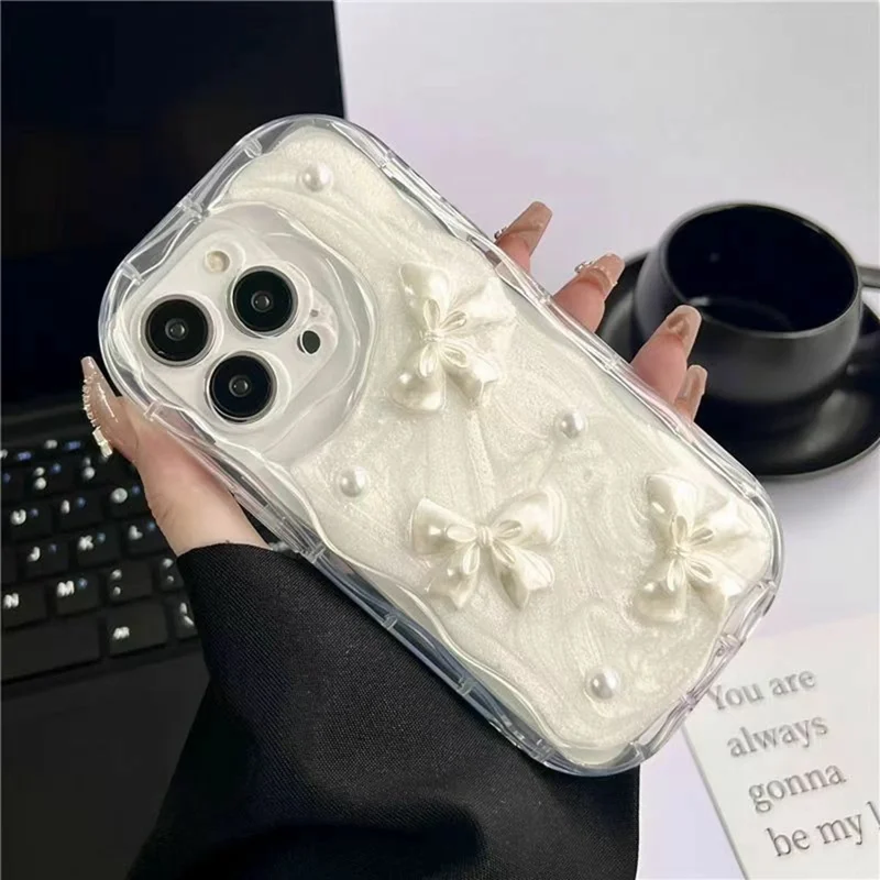 For iPhone 16 Pro Max Case 3D Butterfly Bow Pearl Design Clear Edge TPU Phone Back Cover