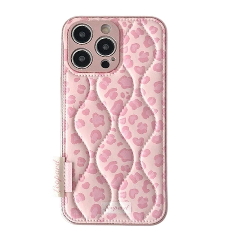For iPhone 16 Pro Case Down Jacket Leopard Print Acrylic Phone Back Cover - Pink