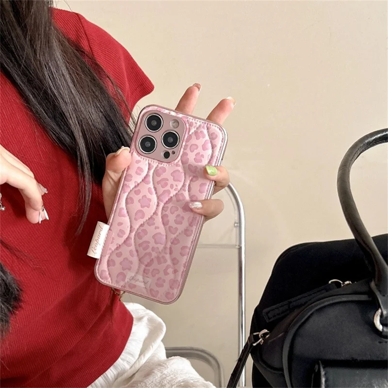 For iPhone 16 Pro Case Down Jacket Leopard Print Acrylic Phone Back Cover - Pink