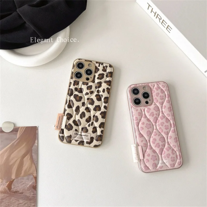For iPhone 16 Pro Case Down Jacket Leopard Print Acrylic Phone Back Cover - Pink