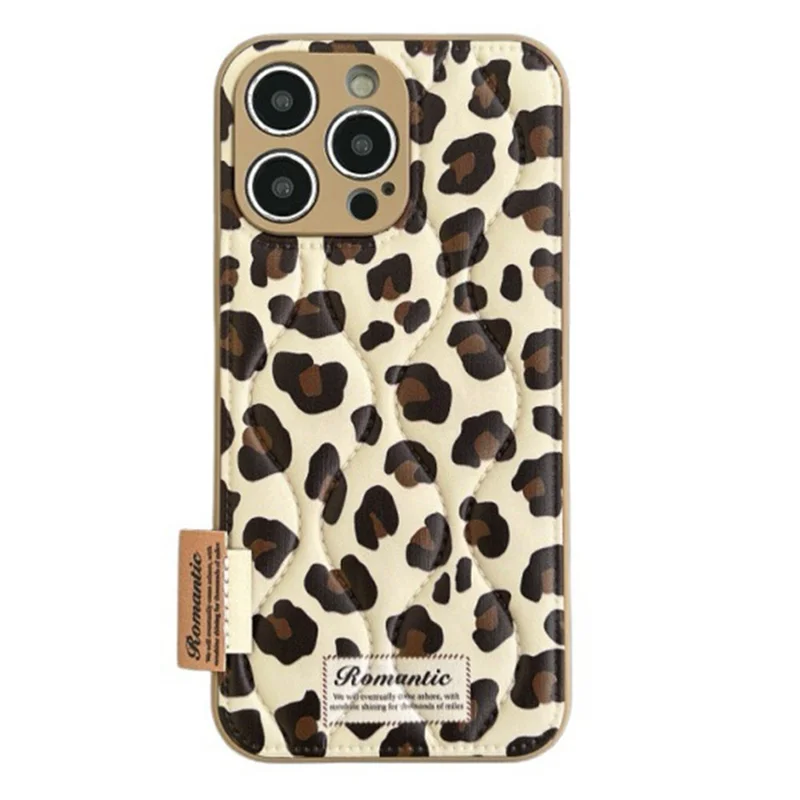 For iPhone 15 Pro Case Down Jacket Leopard Print Acrylic Phone Back Cover - Brown