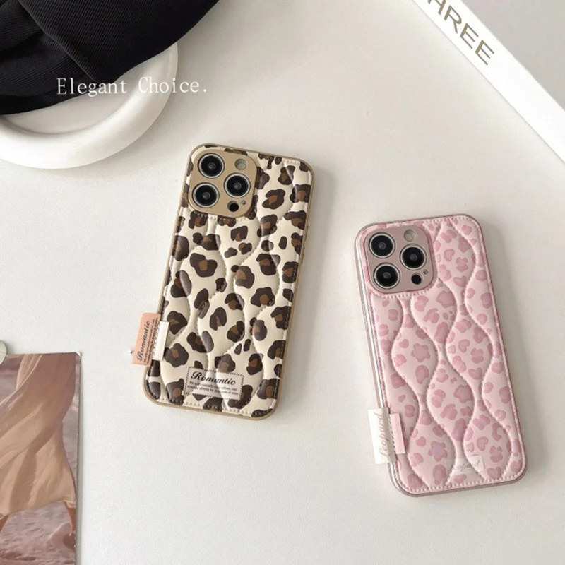 For iPhone 15 Pro Case Down Jacket Leopard Print Acrylic Phone Back Cover - Pink