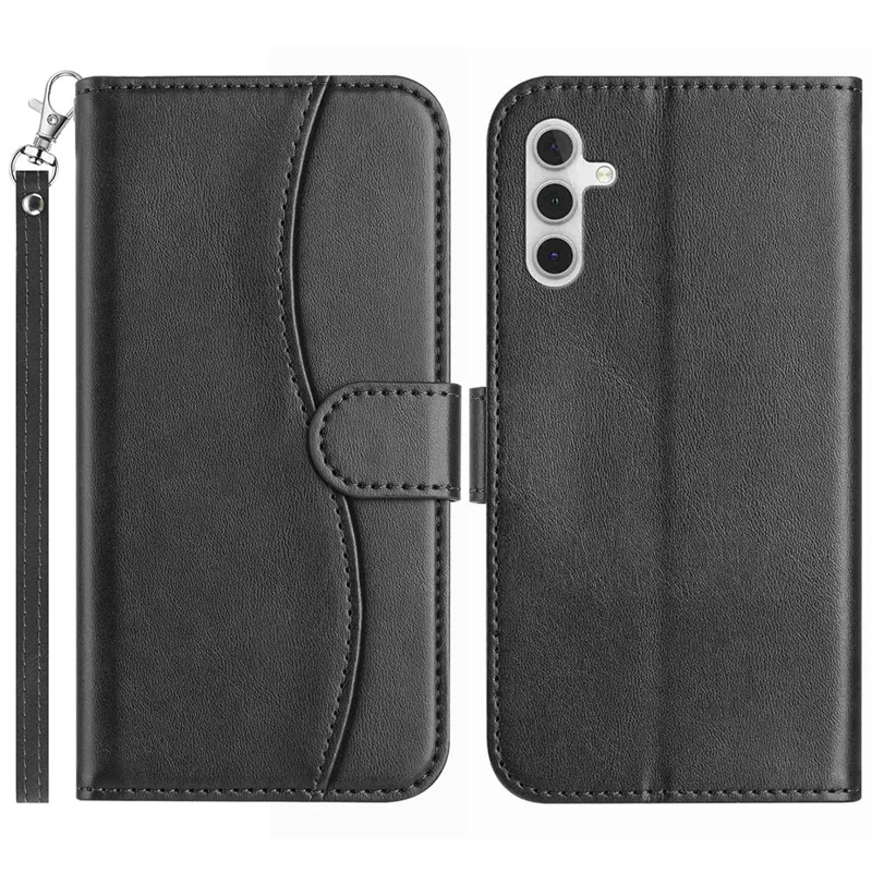 For Samsung Galaxy S25 FE Stand Case PU Leather Wallet Phone Cover S Shape Stitching Design with Strap - Black