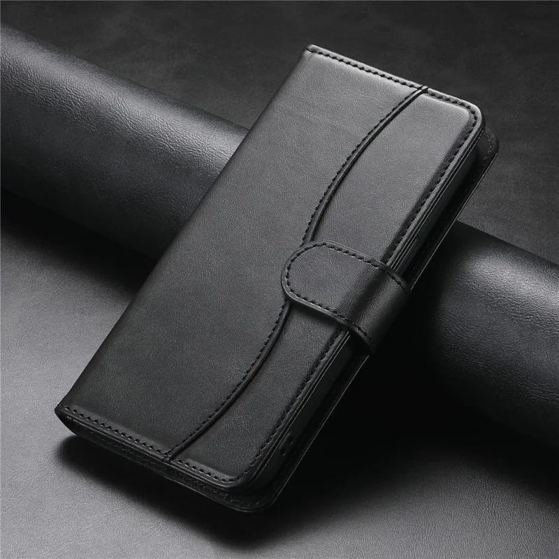 For Samsung Galaxy S25 FE Stand Case PU Leather Wallet Phone Cover S Shape Stitching Design with Strap - Black