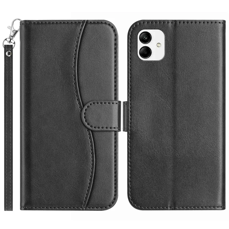 For Samsung Galaxy A07 Stand Case PU Leather Wallet Phone Cover S Shape Stitching Design with Strap - Black