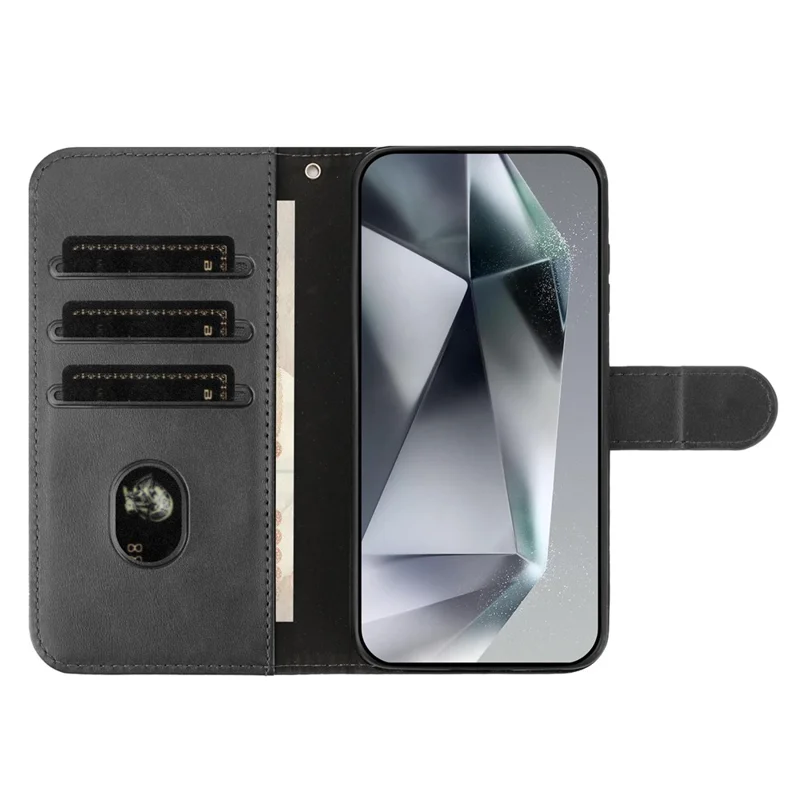 For Samsung Galaxy A07 Stand Case PU Leather Wallet Phone Cover S Shape Stitching Design with Strap - Black