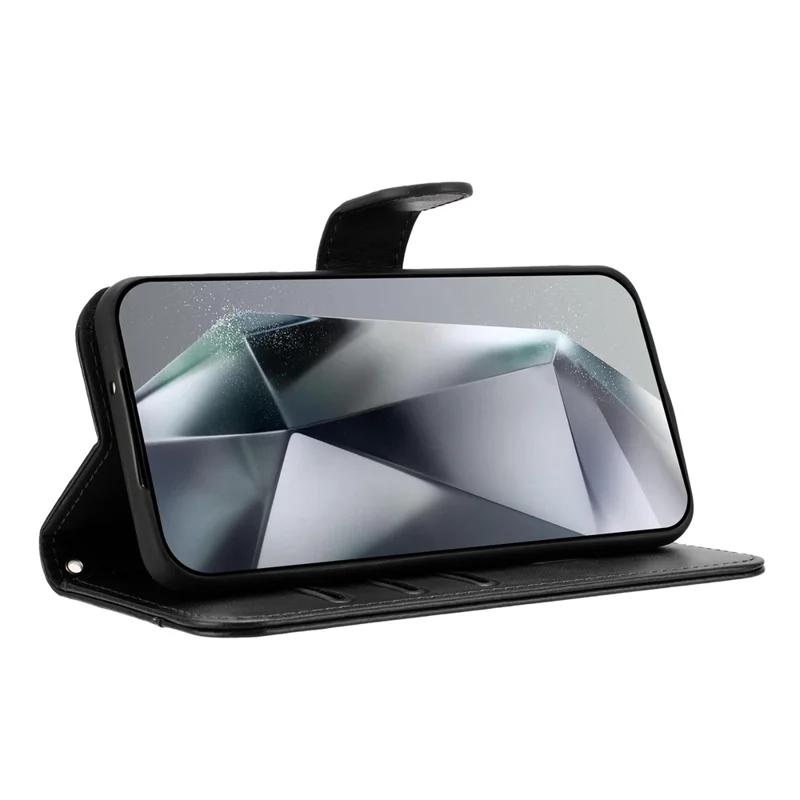 For Samsung Galaxy A07 Stand Case PU Leather Wallet Phone Cover S Shape Stitching Design with Strap - Black