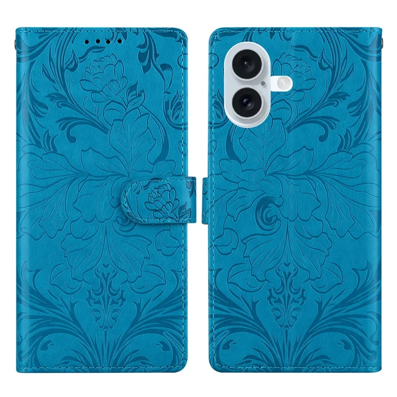 For iPhone 17 Leather Case Imprinted Floral Pattern Wallet Stand Flip Phone Cover - Blue