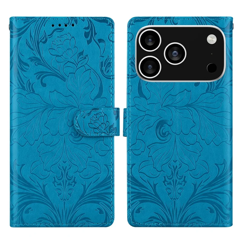 For iPhone 18 Pro / 17 Pro Leather Case Imprinted Floral Pattern Wallet Stand Flip Phone Cover - Blue