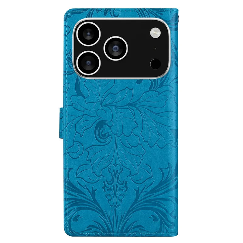 For iPhone 18 Pro / 17 Pro Leather Case Imprinted Floral Pattern Wallet Stand Flip Phone Cover - Blue