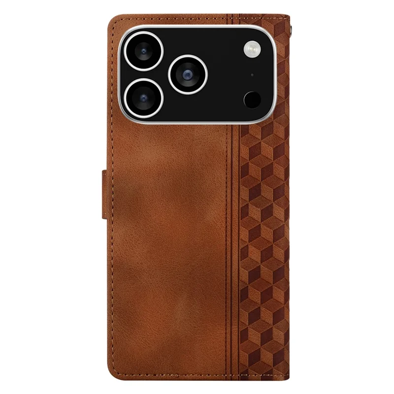 For iPhone 18 Pro / 17 Pro Leather Case Imprinted Checkered Pattern Wallet Stand Flip Phone Cover - Brown