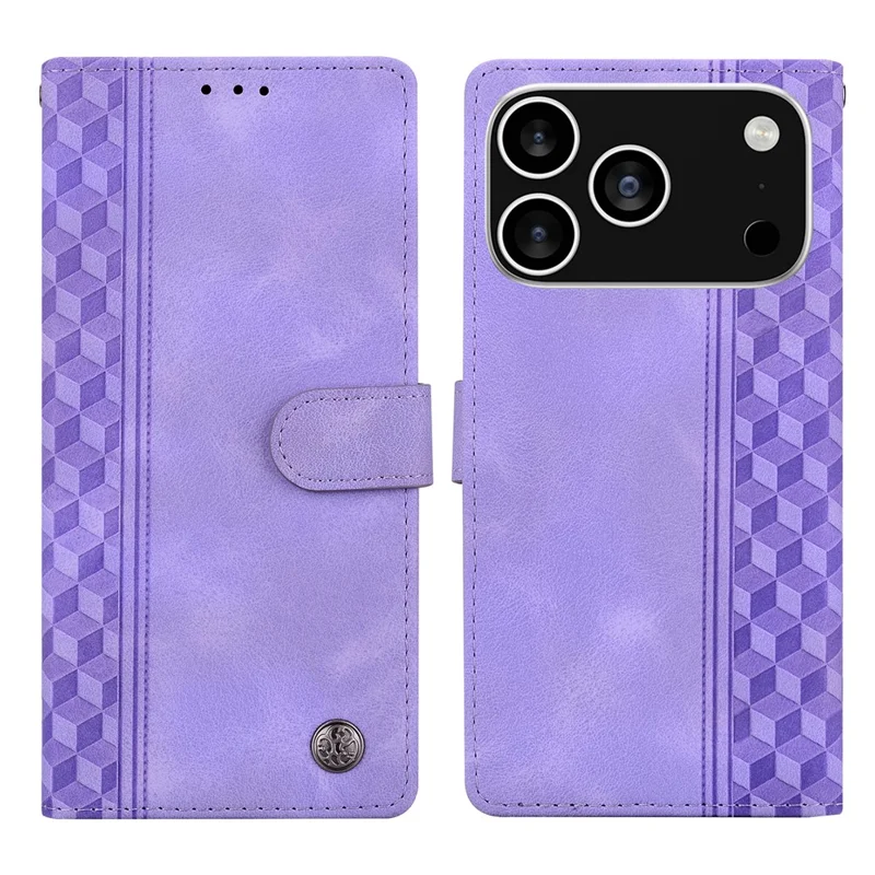 For iPhone 17 Pro Max Leather Case Imprinted Checkered Pattern Wallet Stand Flip Phone Cover - Purple