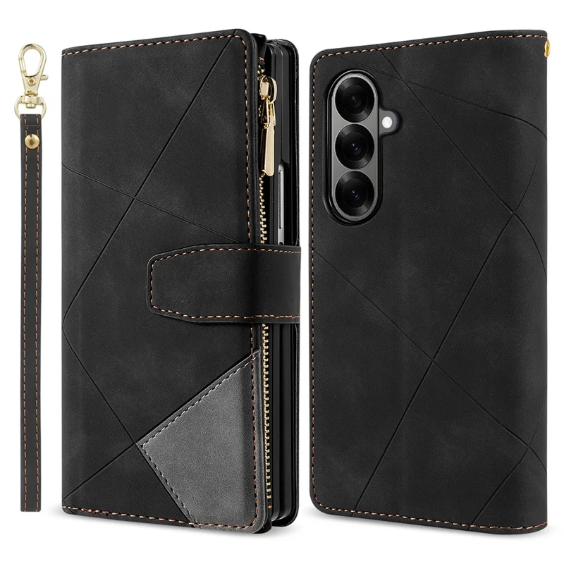 Für Samsung Galaxy Z Fold7 5G PU + PC Hülle mit Farbsplitting-Leder und Trageriemen - Schwarz