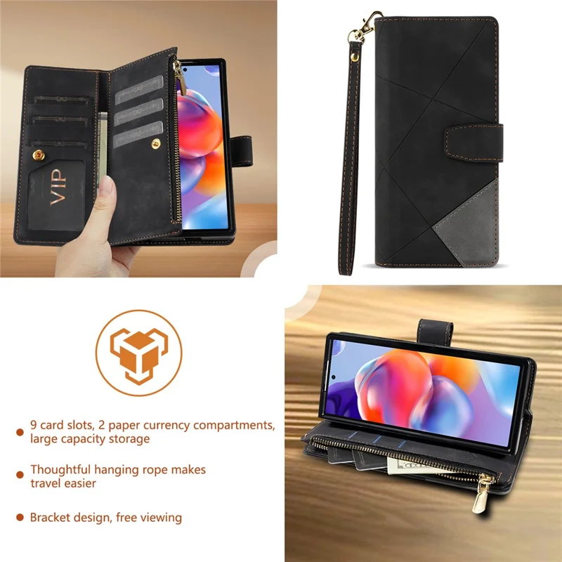 Für Samsung Galaxy Z Fold7 5G PU + PC Hülle mit Farbsplitting-Leder und Trageriemen - Schwarz