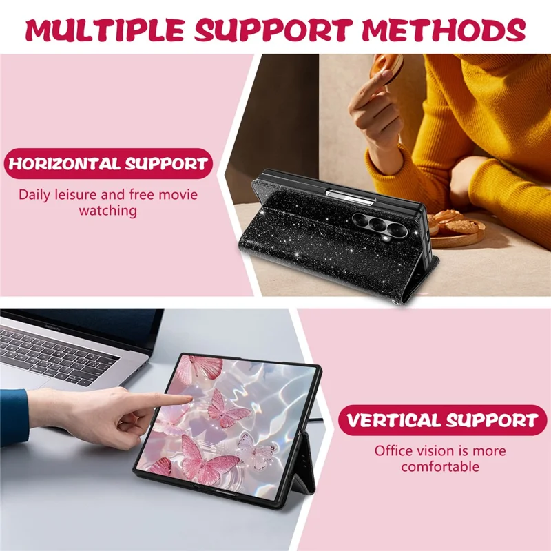 For Samsung Galaxy Z Fold7 5G PU + PC Stand Case Glitter Phone Leather Cover Zipper Pocket with Strap - Black