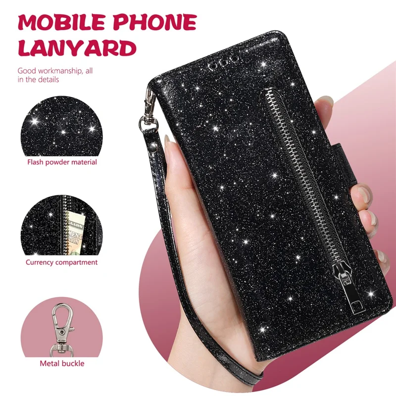 For Samsung Galaxy Z Fold7 5G PU + PC Stand Case Glitter Phone Leather Cover Zipper Pocket with Strap - Black