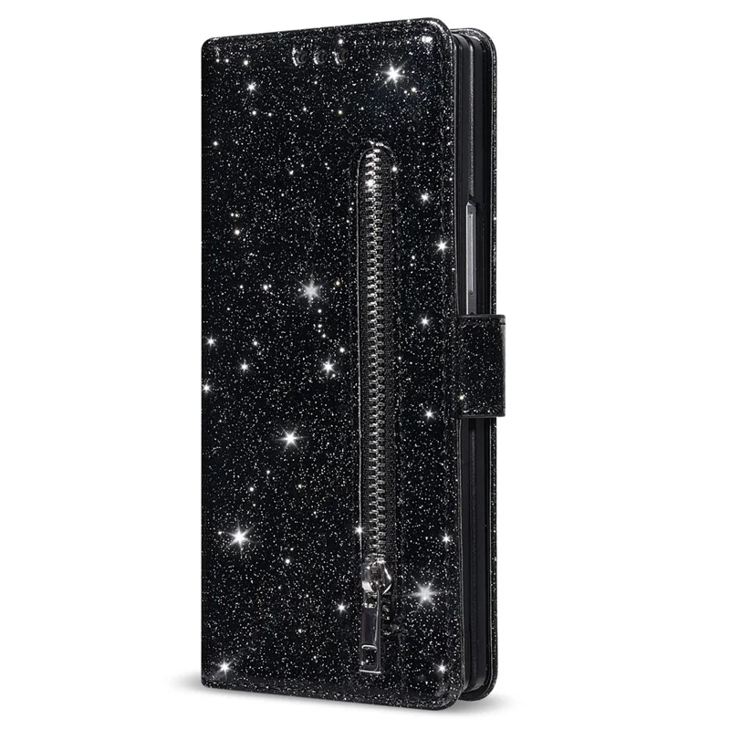 For Samsung Galaxy Z Fold7 5G PU + PC Stand Case Glitter Phone Leather Cover Zipper Pocket with Strap - Black