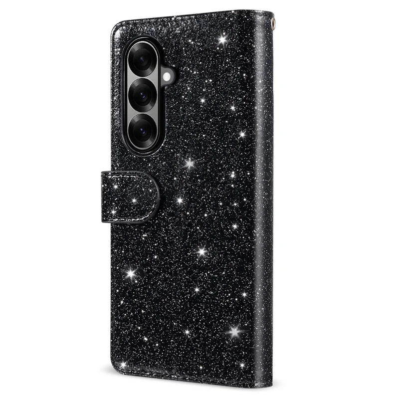 For Samsung Galaxy Z Fold7 5G PU + PC Stand Case Glitter Phone Leather Cover Zipper Pocket with Strap - Black