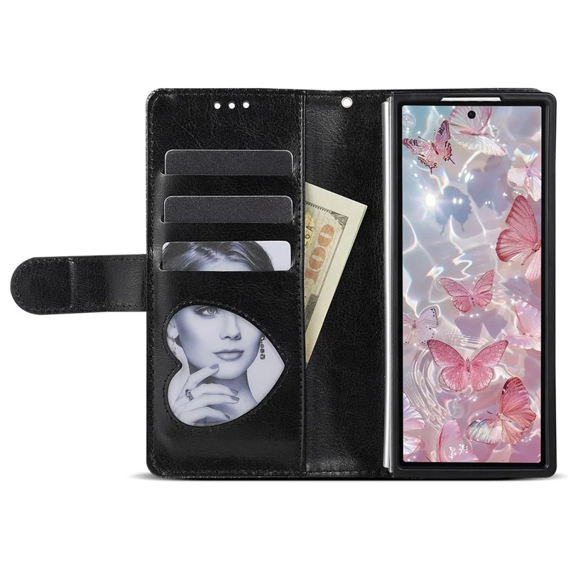 For Samsung Galaxy Z Fold7 5G PU + PC Stand Case Glitter Phone Leather Cover Zipper Pocket with Strap - Black