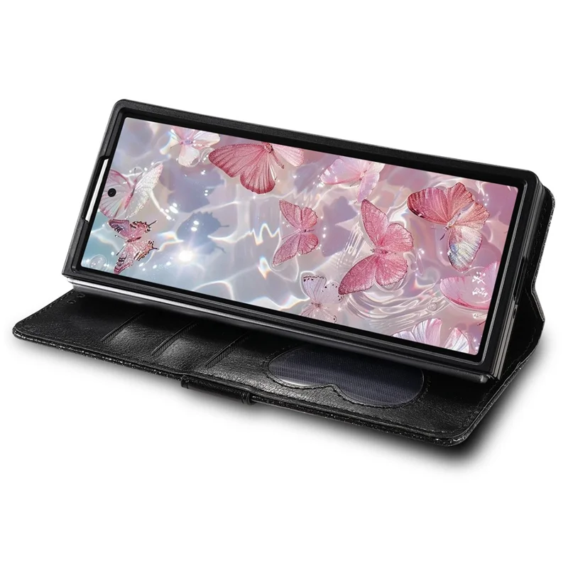 For Samsung Galaxy Z Fold7 5G PU + PC Stand Case Glitter Phone Leather Cover Zipper Pocket with Strap - Black