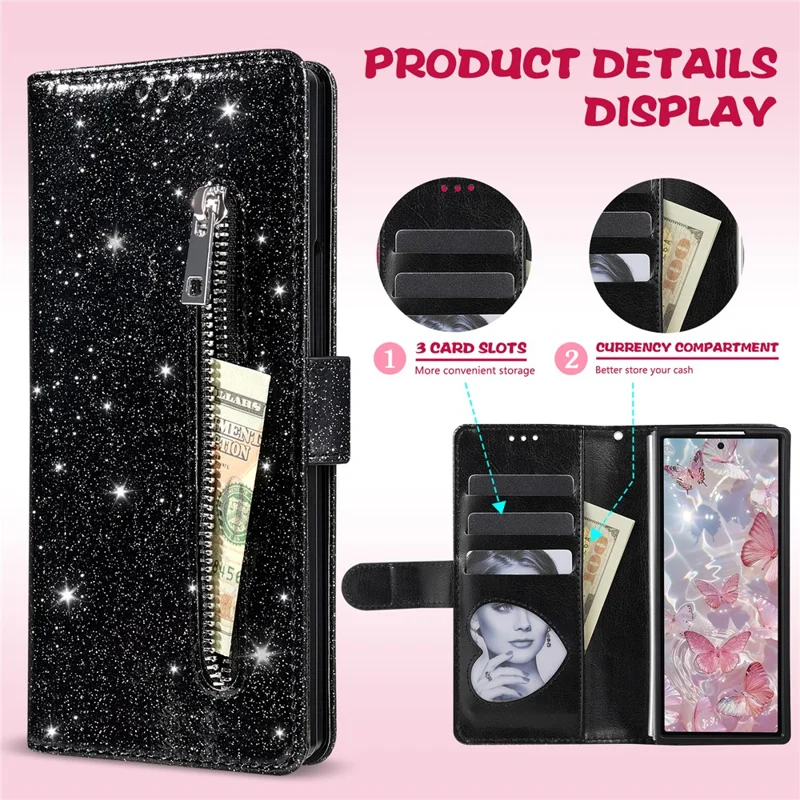 For Samsung Galaxy Z Fold7 5G PU + PC Stand Case Glitter Phone Leather Cover Zipper Pocket with Strap - Black
