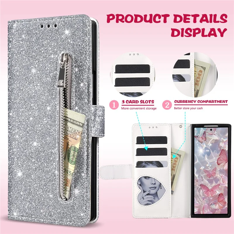 For Samsung Galaxy Z Fold7 5G PU + PC Stand Case Glitter Phone Leather Cover Zipper Pocket with Strap - Silver