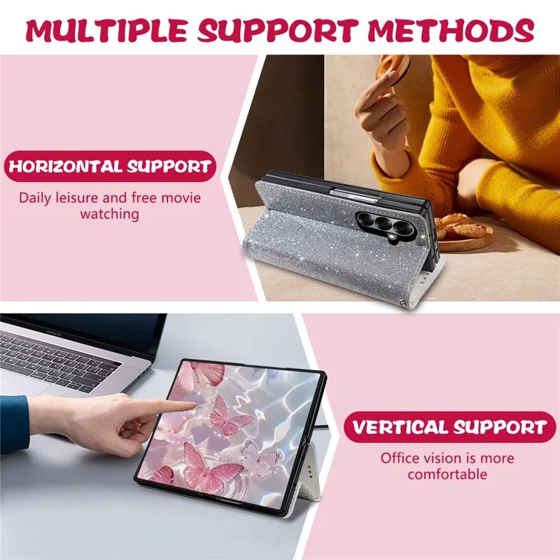 For Samsung Galaxy Z Fold7 5G PU + PC Stand Case Glitter Phone Leather Cover Zipper Pocket with Strap - Silver