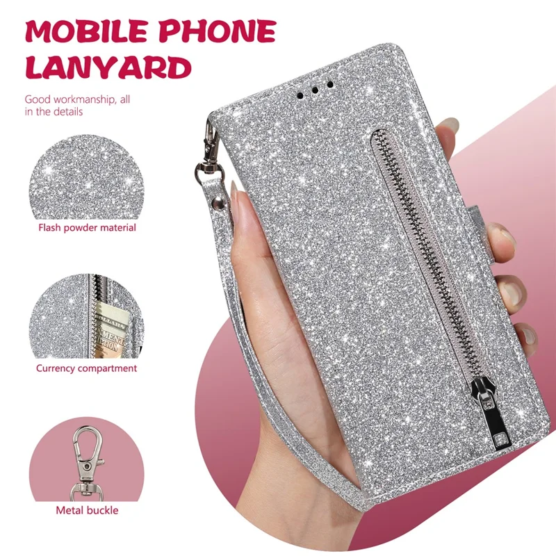 For Samsung Galaxy Z Fold7 5G PU + PC Stand Case Glitter Phone Leather Cover Zipper Pocket with Strap - Silver