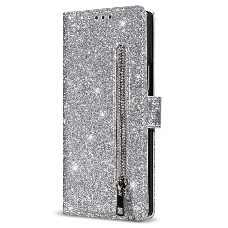 For Samsung Galaxy Z Fold7 5G PU + PC Stand Case Glitter Phone Leather Cover Zipper Pocket with Strap - Silver