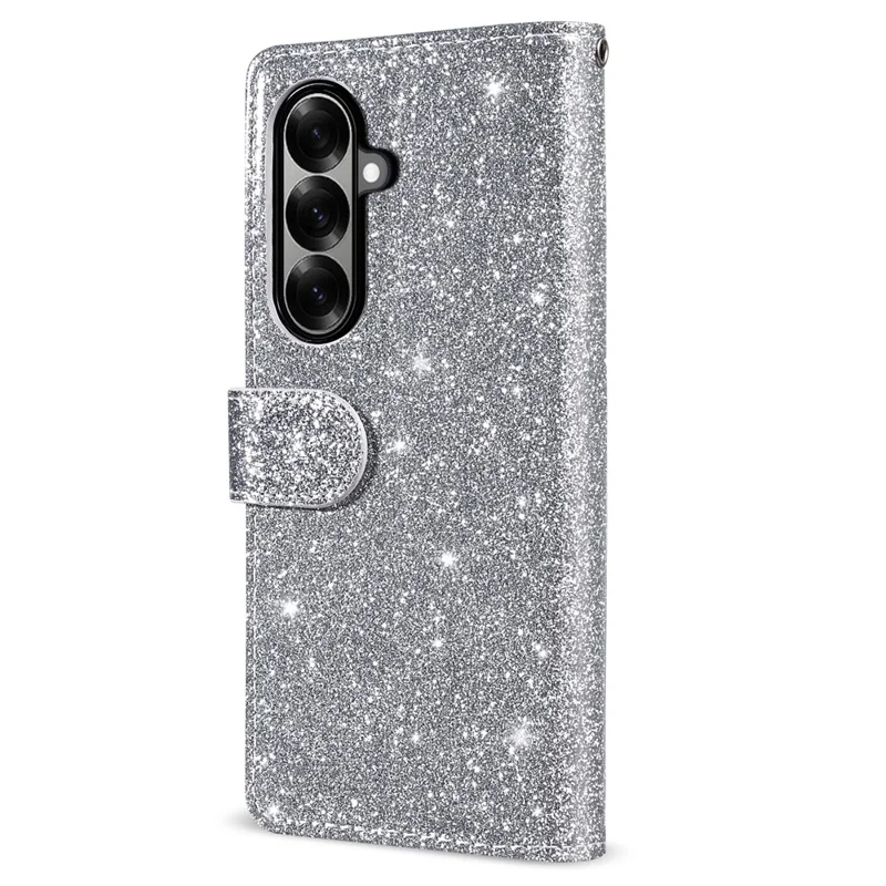For Samsung Galaxy Z Fold7 5G PU + PC Stand Case Glitter Phone Leather Cover Zipper Pocket with Strap - Silver