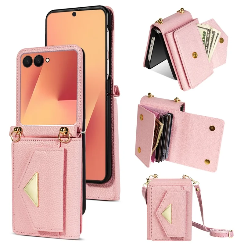 For Samsung Galaxy Z Flip7 5G Case Card Slots PU + PC Phone Cover with Long Strap - Pink