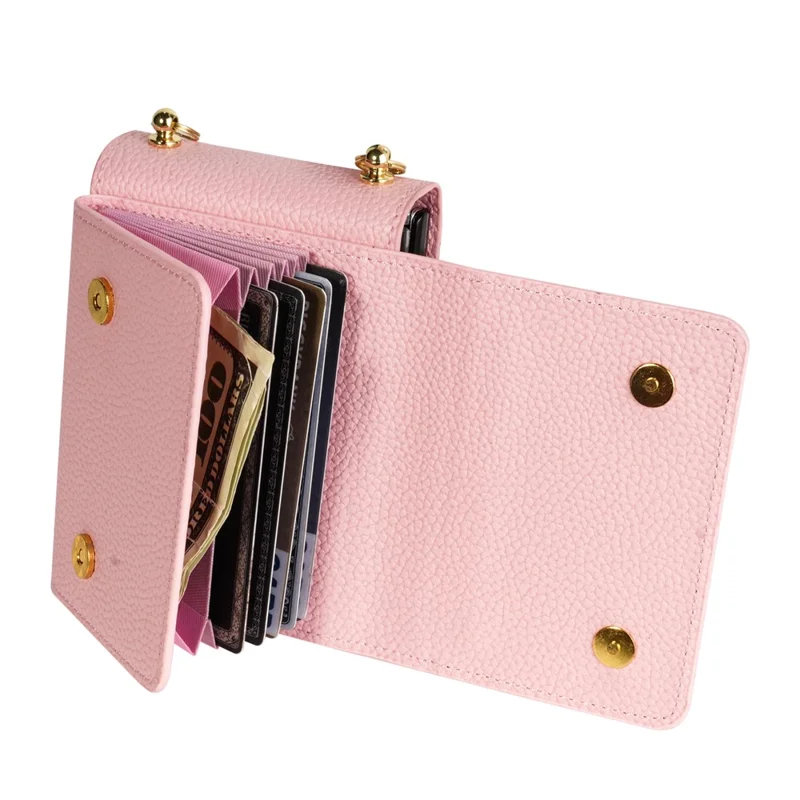 For Samsung Galaxy Z Flip7 5G Case Card Slots PU + PC Phone Cover with Long Strap - Pink