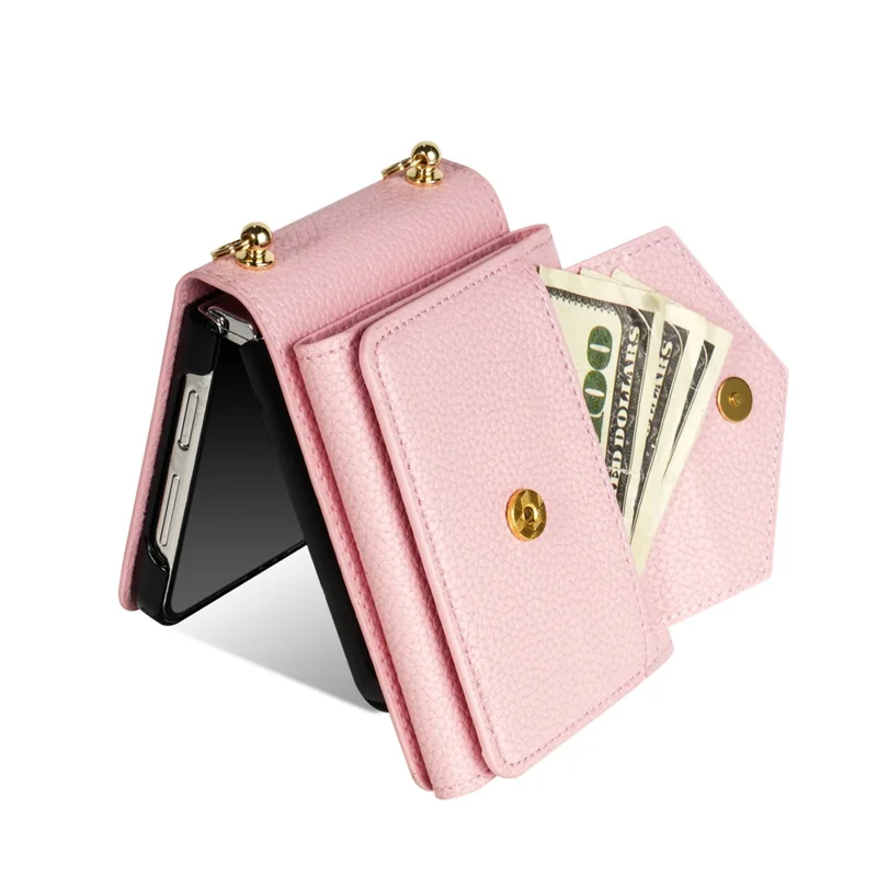 For Samsung Galaxy Z Flip7 5G Case Card Slots PU + PC Phone Cover with Long Strap - Pink