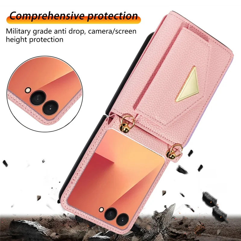 For Samsung Galaxy Z Flip7 5G Case Card Slots PU + PC Phone Cover with Long Strap - Pink