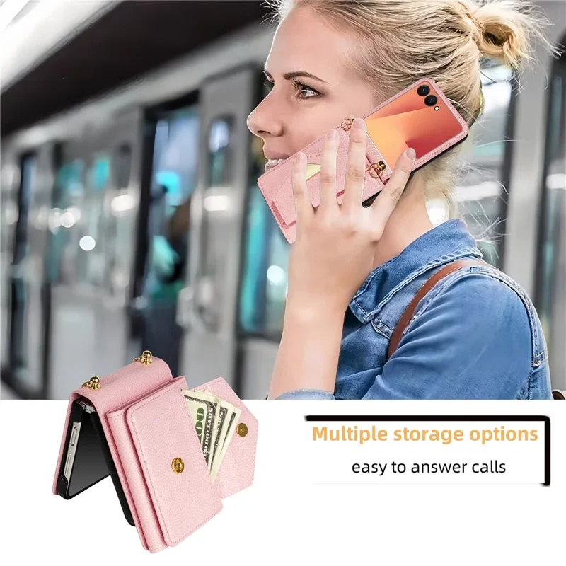 For Samsung Galaxy Z Flip7 5G Case Card Slots PU + PC Phone Cover with Long Strap - Pink