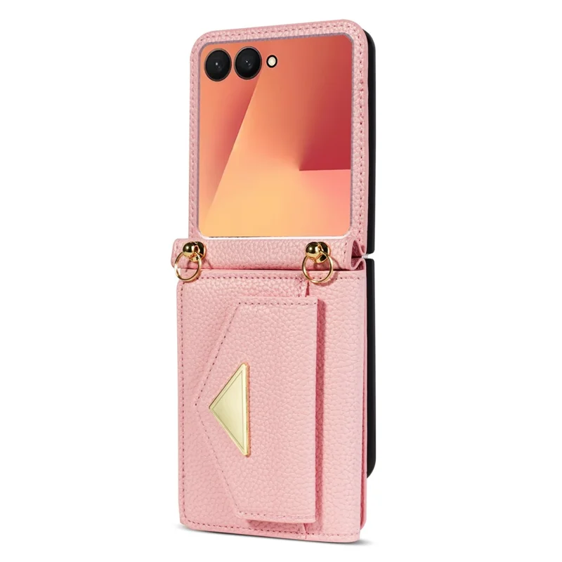 For Samsung Galaxy Z Flip7 5G Case Card Slots PU + PC Phone Cover with Long Strap - Pink