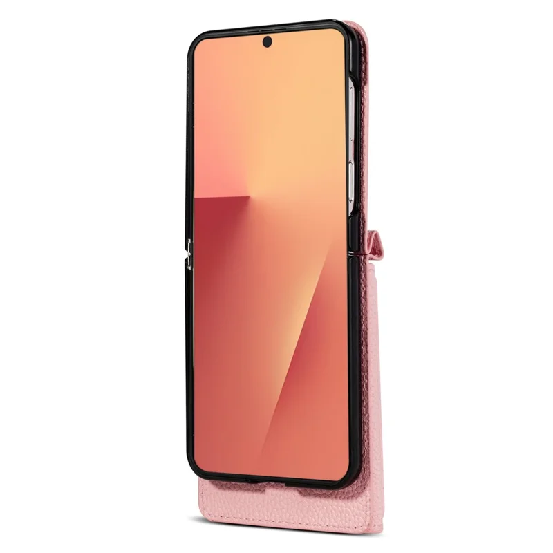 For Samsung Galaxy Z Flip7 5G Case Card Slots PU + PC Phone Cover with Long Strap - Pink