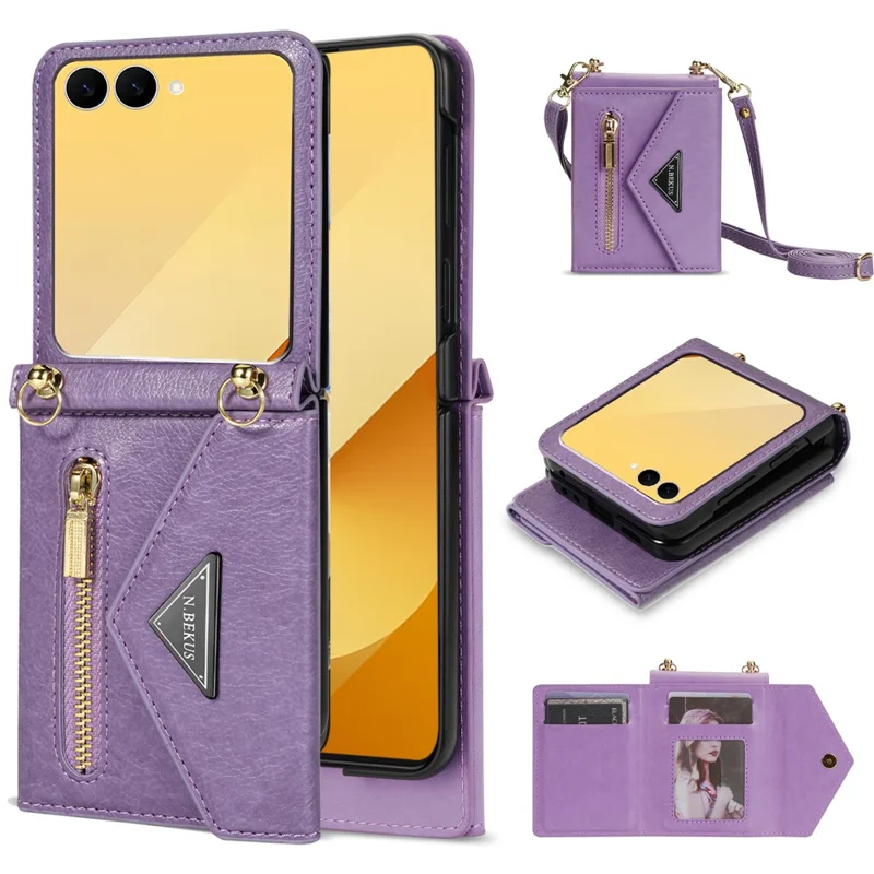 N.BEKUS pour Samsung Galaxy Z Flip7 5G Étui Porte-cartes à Fermeture Éclair en PU + PC avec Bandoulière - Violet