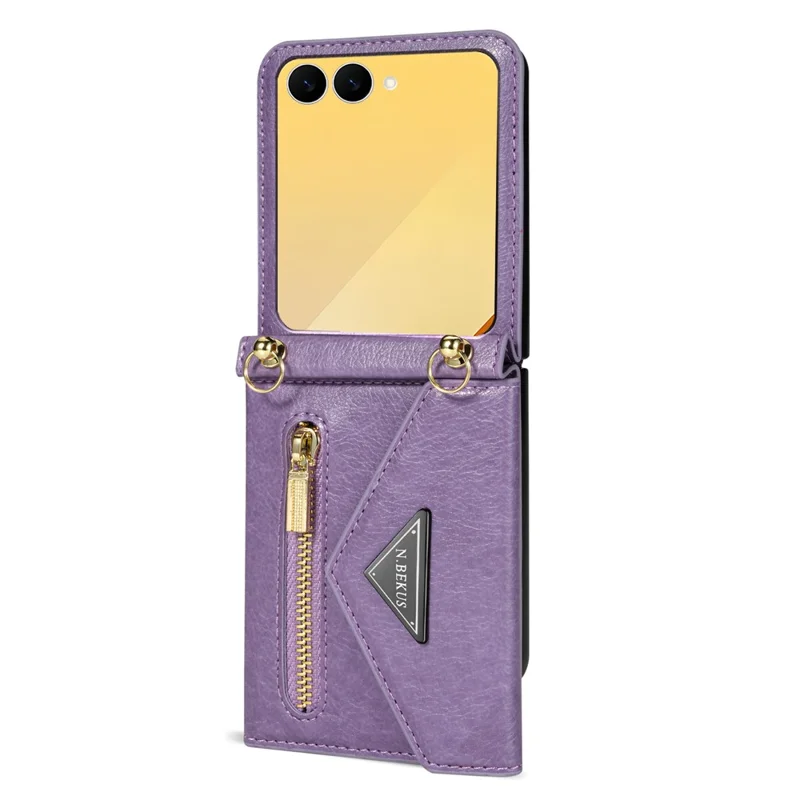 N.BEKUS pour Samsung Galaxy Z Flip7 5G Étui Porte-cartes à Fermeture Éclair en PU + PC avec Bandoulière - Violet